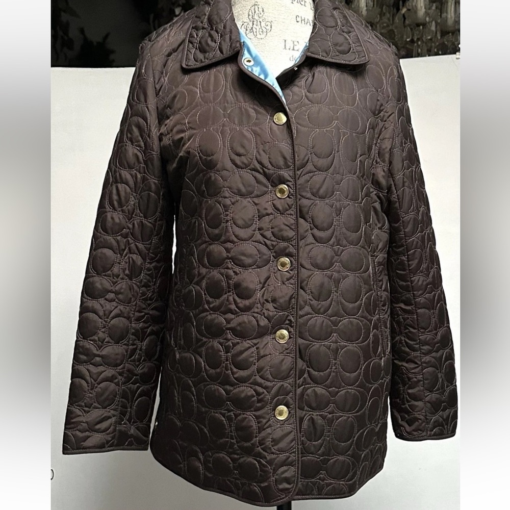 COACH Brown Light Jacket Quilted w/ Letter “C”Monogram Satin Blue Lining MEDI